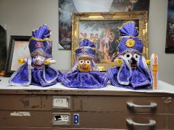 Jagannatha Baladeva Subhadra Deities with Purple Dress